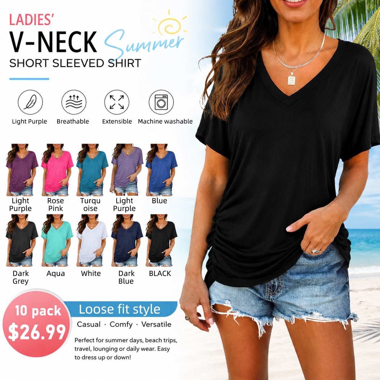 ☀️ Summer Essential | Women’s Breathable V-Neck Short Sleeve Top